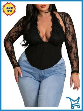 Plus Size Backless Lace Halter Corset Top Long Sleeve Going Out